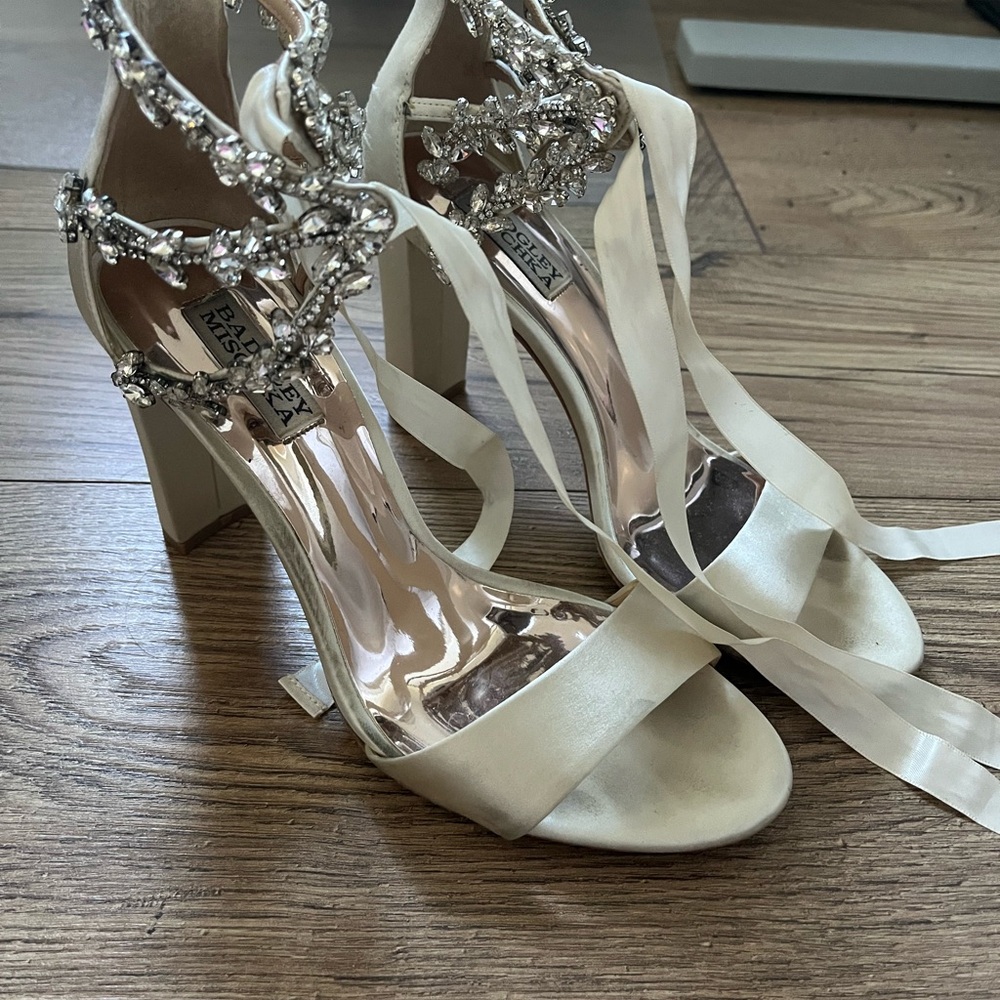 Badgley Mischka Cream Strappy Heels with Crystal Embellishments